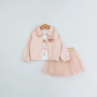 Toptan Kız Çocuk 3'lü Ceket Body ve Etekli Takım 1-4Y BabyRose 1002-4662 Bej