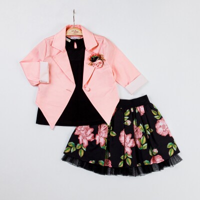 Toptan Kız Çocuk 3'lü Ceket Tişört ve Etek Takım 2-6Y Miss Lore 1055-5301 Pembe