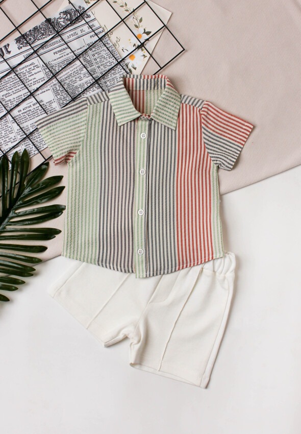 Wholesale Baby Boys 2-Piece Striped Shirt Set with Shorts 6-24M Kidexs 1026-65101 - 3