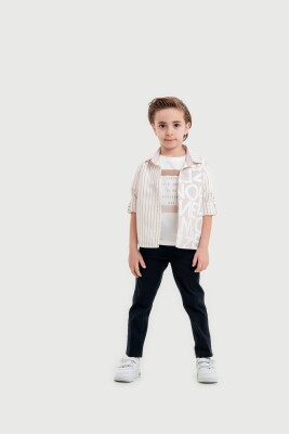 Wholesale Boys 3-Piece Shirt, T-Shirt and Pants Set 3-7Y Lemon 1015-10040 Beige