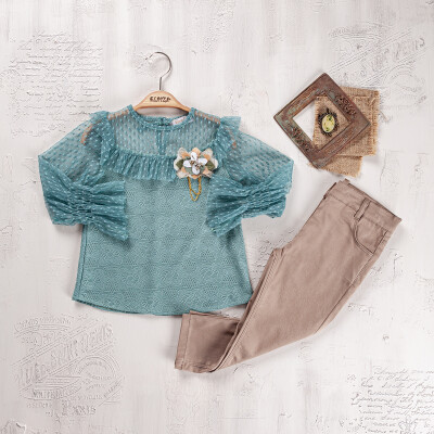 Wholesale Girls 2-Piece Blouse and Pants Set 5-8Y Elayza 2023-2270 Green