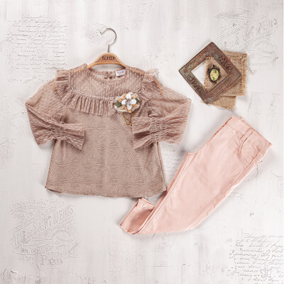Wholesale Girls 2-Piece Blouse and Pants Set 5-8Y Elayza 2023-2270 Brown3