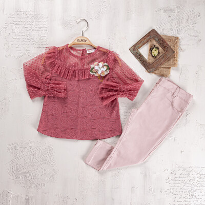 Wholesale Girls 2-Piece Blouse and Pants Set 5-8Y Elayza 2023-2270 Dark Cherry