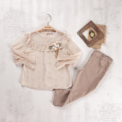 Wholesale Girls 2-Piece Blouse and Pants Set 9-12Y Elayza 2023-2271 Beige