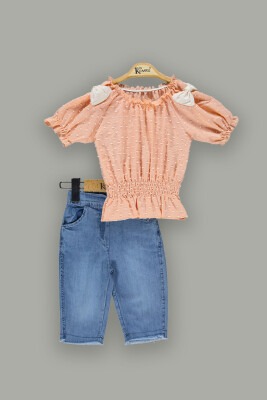 Wholesale Girls 2-Piece Sets with Spotted Blouse and Denim Shorts 2-5Y Kumru Bebe 1075-3803 - Kumru Bebe
