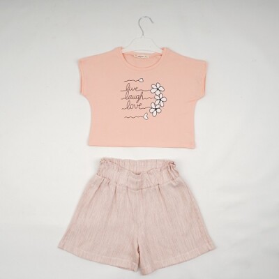 Wholesale Girls 2-Piece T-shirt and Linen Shorts 7-10Y Büşra Bebe 1016-23175 Blanced Almond