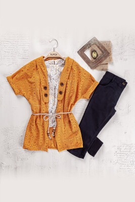 Wholesale Girls 3-Pieces Blouse, Cardigan and Pants Set 5-8Y Elayza 2023-2263 Mustard
