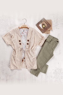 Wholesale Girls 3-Pieces Blouse, Cardigan and Pants Set 5-8Y Elayza 2023-2263 Beige