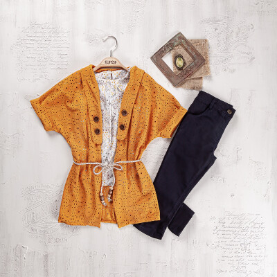 Wholesale Girls 3-Pieces Blouse, Cardigan and Pants Set 9-12Y Elayza 2023-2264 Mustard