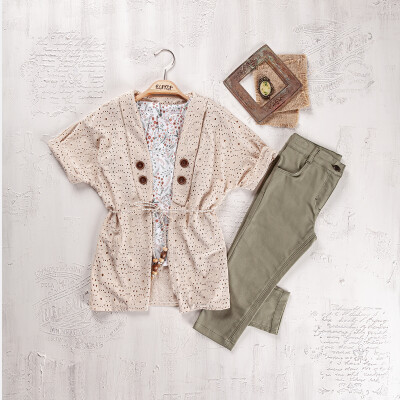 Wholesale Girls 3-Pieces Blouse, Cardigan and Pants Set 9-12Y Elayza 2023-2264 Beige