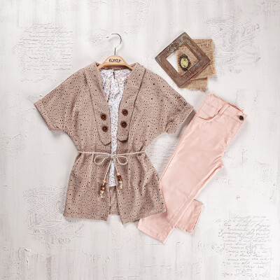 Wholesale Girls 3-Pieces Blouse, Cardigan and Pants Set 9-12Y Elayza 2023-2264 Brown3