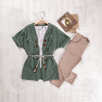 Wholesale Girls 3-Pieces Blouse, Cardigan and Pants Set 9-12Y Elayza 2023-2264 Green