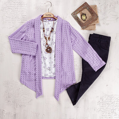 Wholesale Girls 3-Pieces Jacket, Blouse and Pants Set 5-8Y Elayza 2023-2260 Lilac