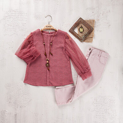 Wholesale Girls Blouse and Trouser Set 5-8 Yaş Elayza 2023-2268 Rose