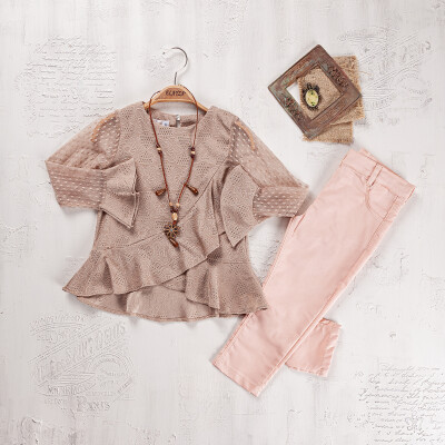Wholesale Girls Blouse and Trouser Set 5-8Y Elayza 2023-2266 Brown