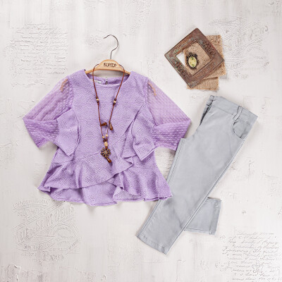 Wholesale Girls Blouse and Trouser Set 5-8Y Elayza 2023-2266 Lilac
