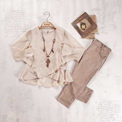 Wholesale Girls Blouse and Trouser Set 5-8Y Elayza 2023-2266 Beige