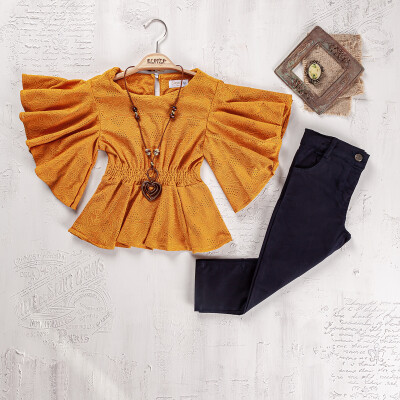 Wholesale Girls Blouse and Trouser Set 9-12 Yaş Elayza 2023-2265 Mustard
