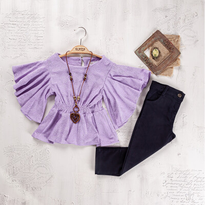 Wholesale Girls Blouse and Trouser Set 9-12 Yaş Elayza 2023-2265 Lilac