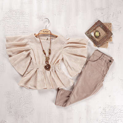 Wholesale Girls Blouse and Trouser Set 9-12 Yaş Elayza 2023-2265 Beige