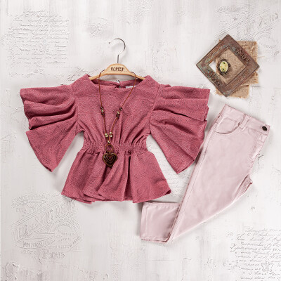 Wholesale Girls Blouse and Trouser Set 9-12 Yaş Elayza 2023-2265 Claret Red