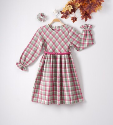 Wholesale Girls Dress with Hairpin and Plaid Patterned 9-12Y Büşra Bebe 1016-22280 - Büşra Bebe