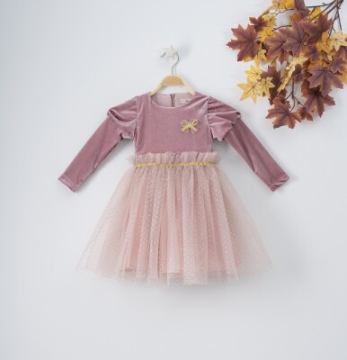Wholesale Girls Velvet Dress with Tulle 3-6Y Busra Bebe 1016-22261 Blanced Almond