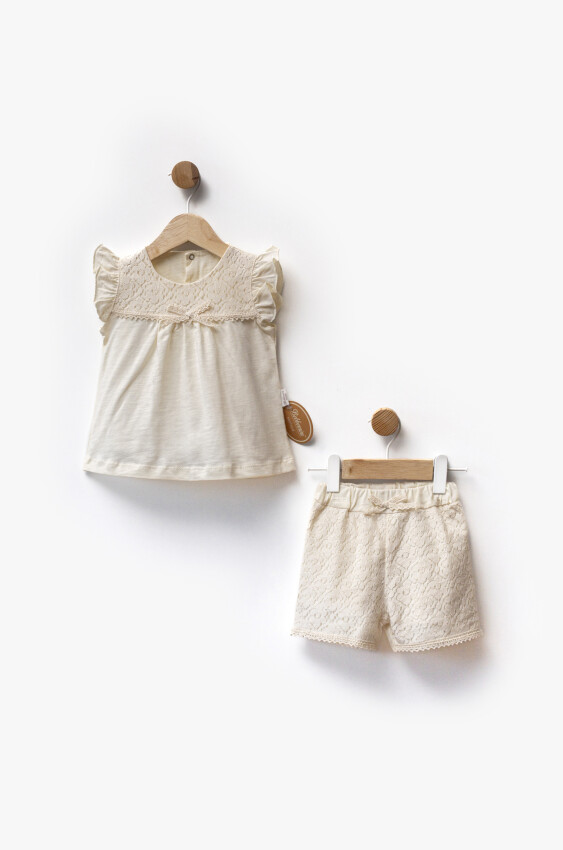Wholesale Lace Fabric Yoke Detail T-Shirt And Shorts Two-Piece Set Bebbemini 2065-BM-2352 - 3